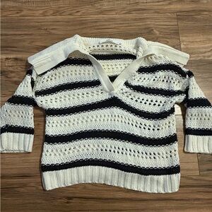 Astr V-Neck Sweater - Black and Cream Stripes